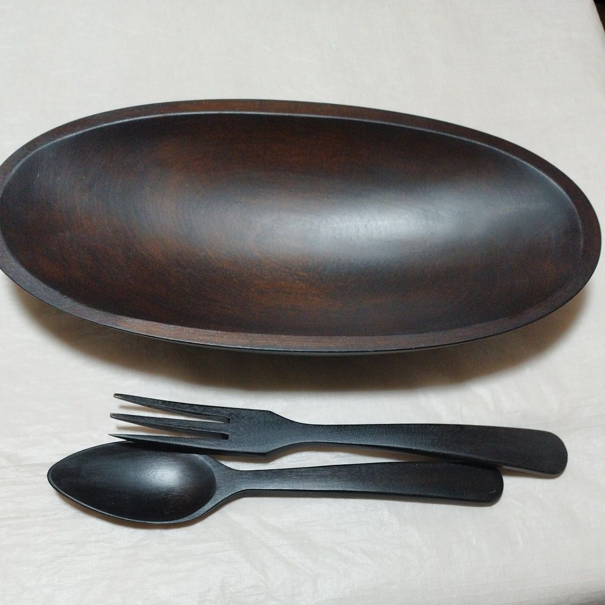 木の器　長丸皿　スプーン　フォーク