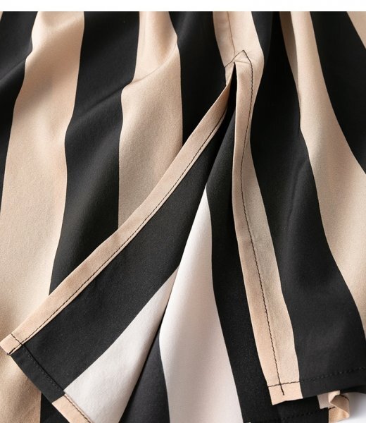 新品通気高品質レデイース93％シルク配色ストライプフレアスカート黒ベージュ_画像5