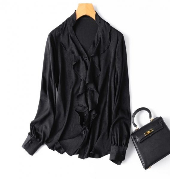 新品通気高品質レデイース100％シルクシャツジャカード長袖ブラウス黒XL_画像1