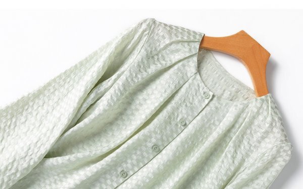新品通気高品質レデイース100％シルクシャツ長袖トップスジャカードミント～M_画像3