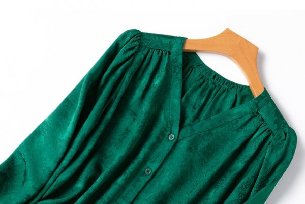 新品通気高品質レデイース100％シルクシャツ長袖トップスジャカードV緑XL_画像2
