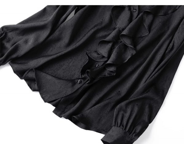 新品通気高品質レデイース100％シルクシャツジャカード長袖ブラウス黒XL_画像2