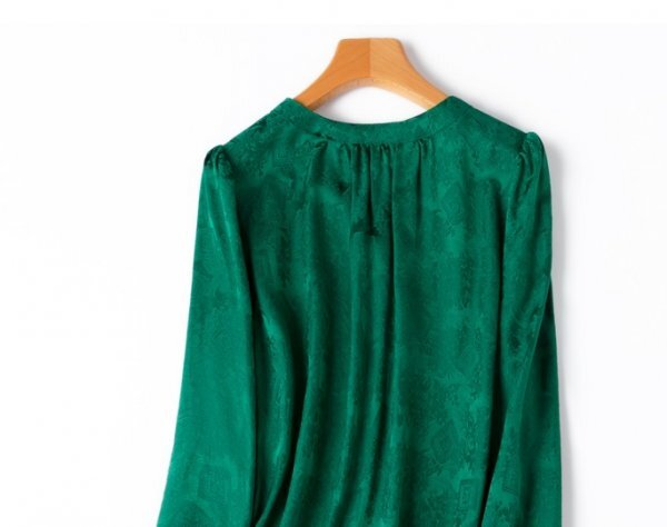 新品通気高品質レデイース100％シルクシャツ長袖トップスジャカードV緑XL_画像5