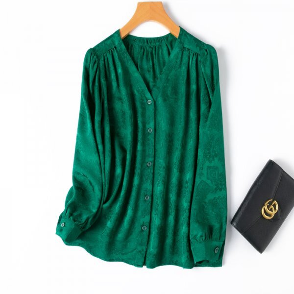 新品通気高品質レデイース100％シルクシャツ長袖トップスジャカードV緑M_画像1
