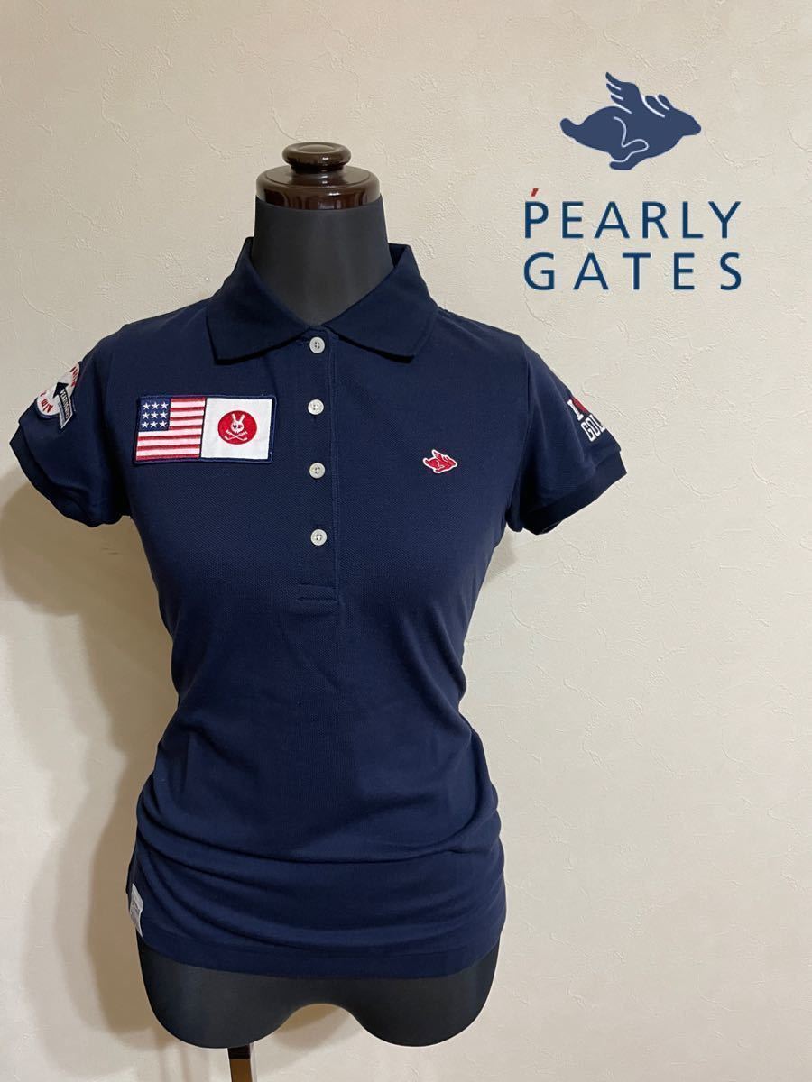 【良品】 PEARLY GATES GOLF パーリーゲイツ レディース ゴルフ ウェア 鹿の子 ポロシャツ ワッペン サイズ0 半袖 ネイビー 日本製