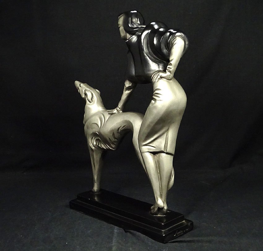 緑屋h■ AUSTIN　ブロンズ　銅像　犬と女性　オースティン　i9/3-143/15-3#100_画像3
