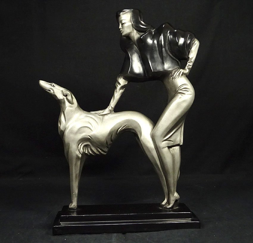 緑屋h■ AUSTIN　ブロンズ　銅像　犬と女性　オースティン　i9/3-143/15-3#100_画像2