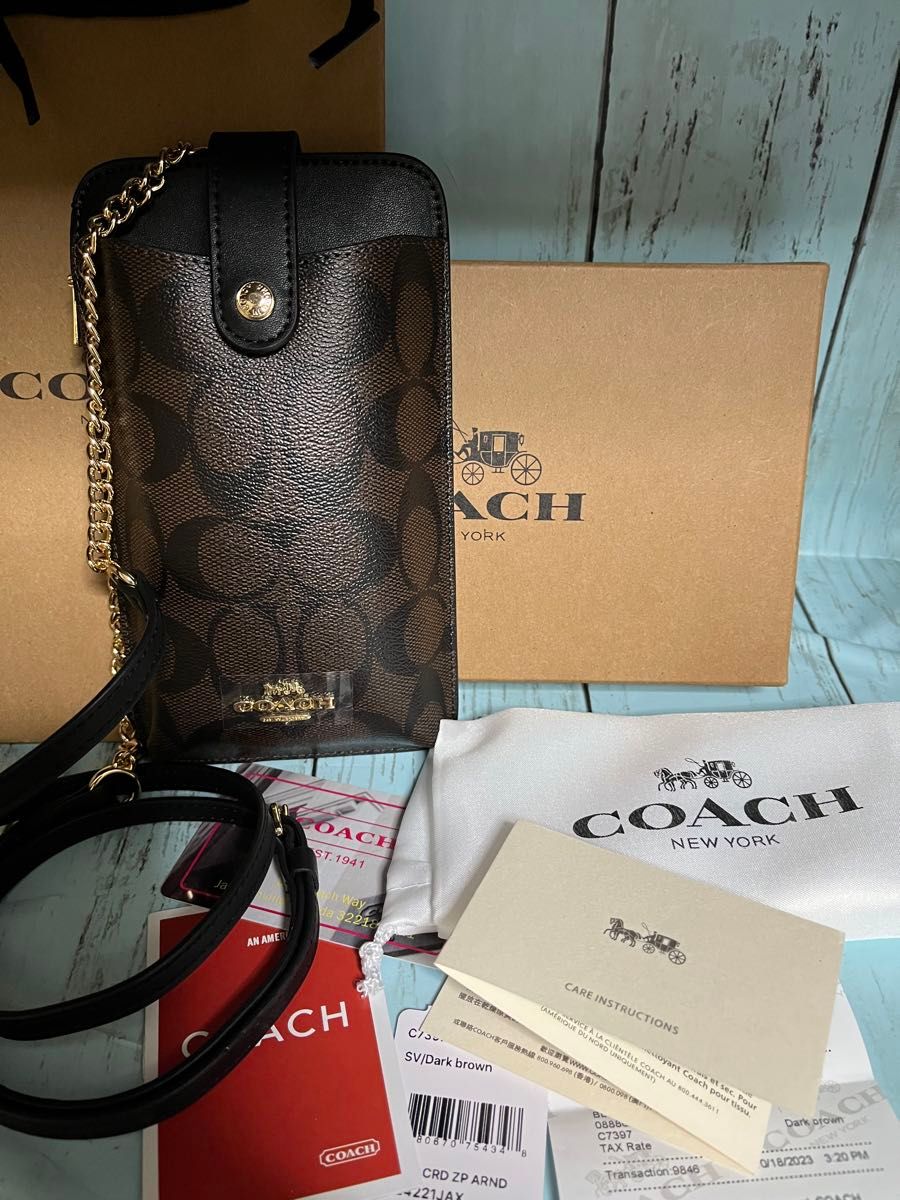 COACH スマホショルダーバッグ　ブラック×ブラウンシグネチャー　新品未使用品