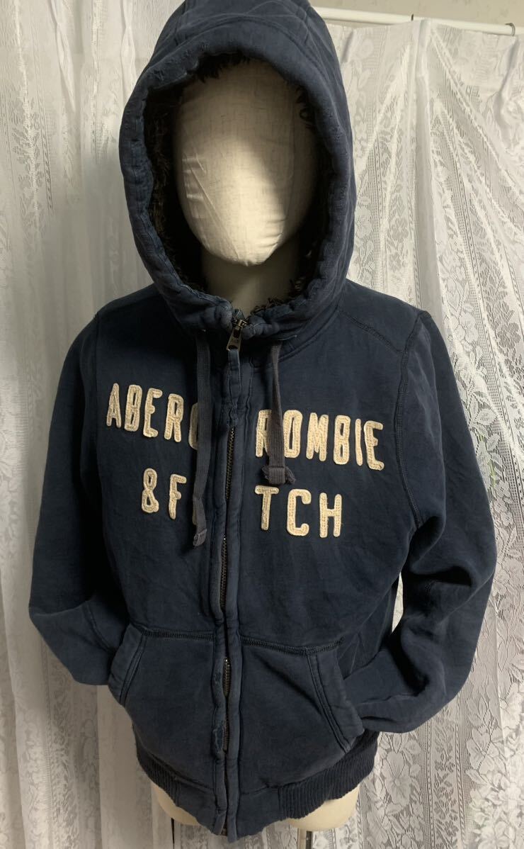 Abercrombie&Fitchアバクロ　ジップアップ　パーカー　中ボア　ダメージ加工　ネイビー　立体ロゴ　XL