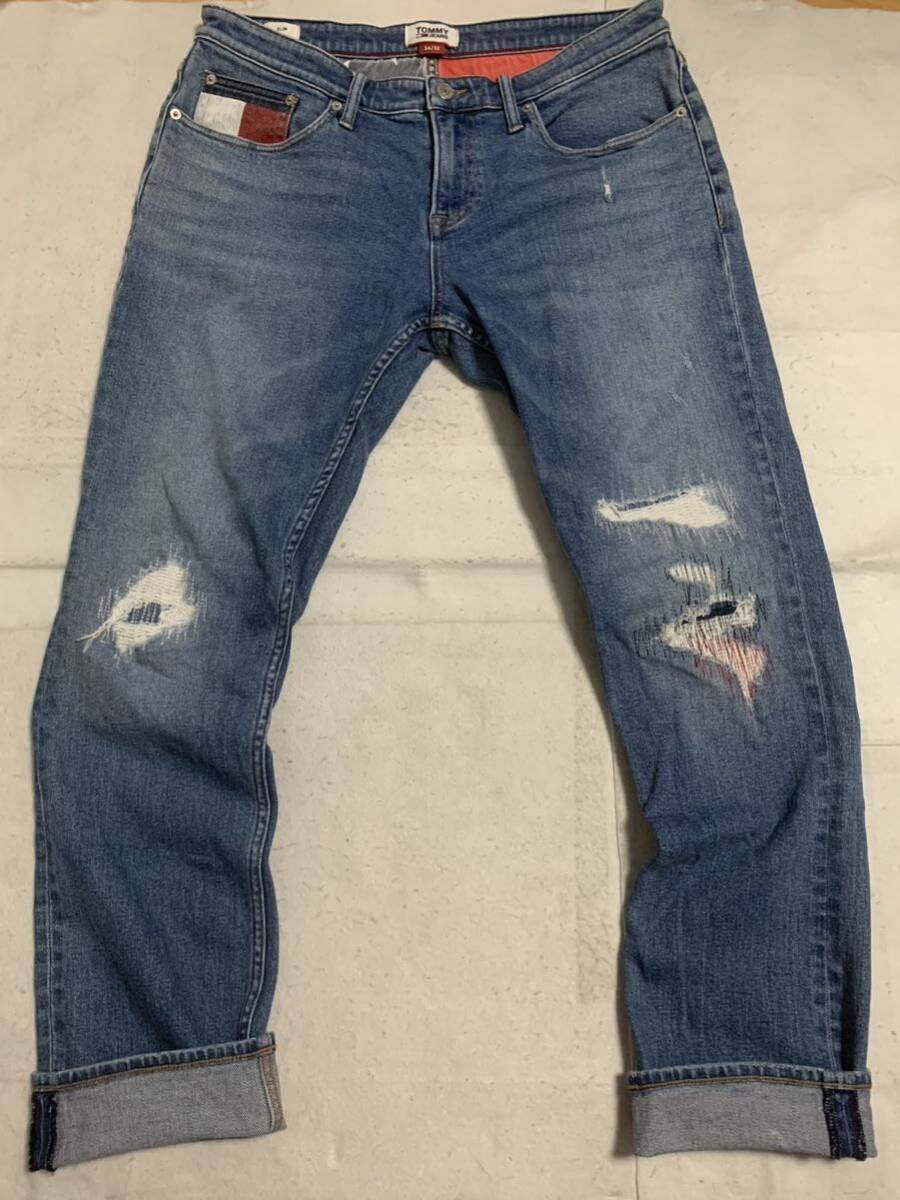 TOMMY JEANS トミージーンズ　デニムパンツ　ジーンズ　ストレッチ　ダメージ　リペア加工　W34