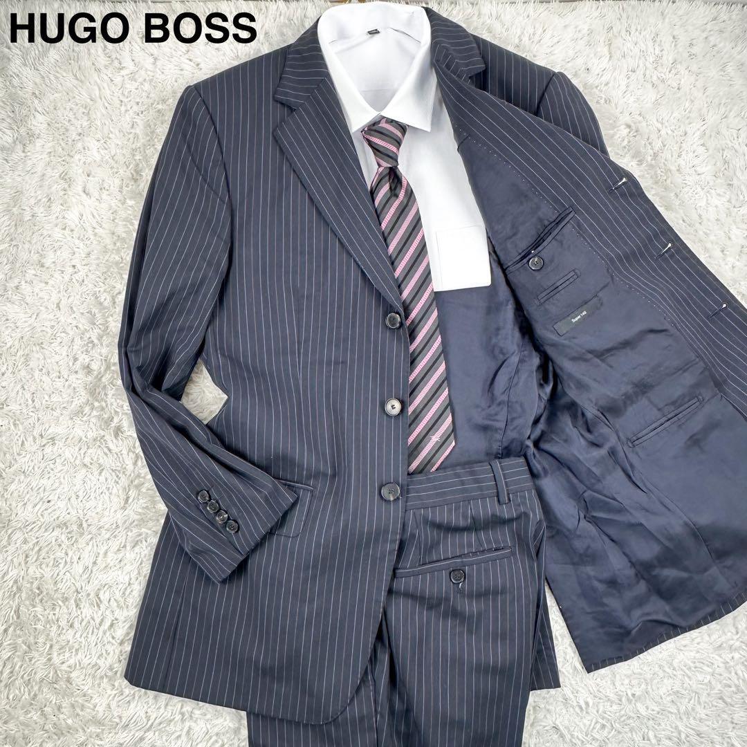 ヒューゴボス HUGOBOSS スーツ セットアップ ジャケット 46 M super140 紺 センターベンツ 3ボタン メンズ ストライプ 通勤 結婚式 光沢感