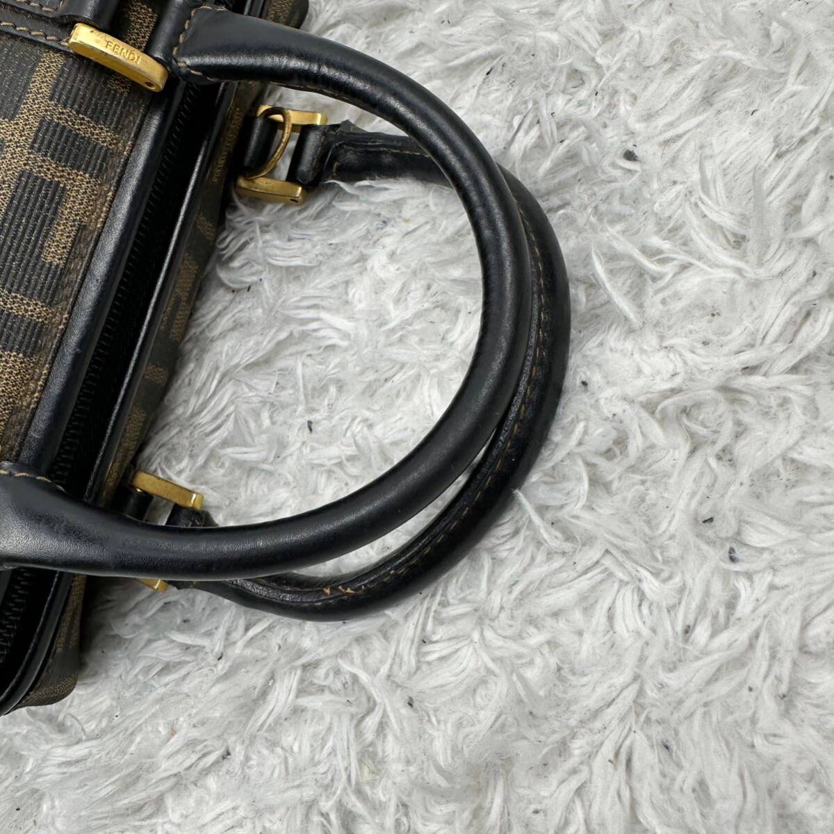 フェンディ FENDI ズッカ柄 ハンドバッグショルダーバッグ ミニボストン 化粧入 2way ミニハンド レザー ゴールド金具 ブラウン 茶 PVC