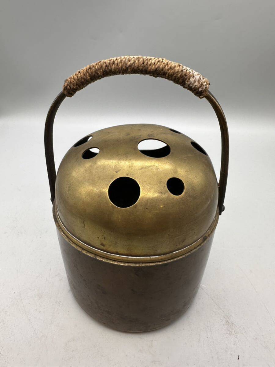 Y03137  時代物 提手付 手焙り 手あぶり 香炉 黄銅製 古銅 骨董 茶道具の画像4