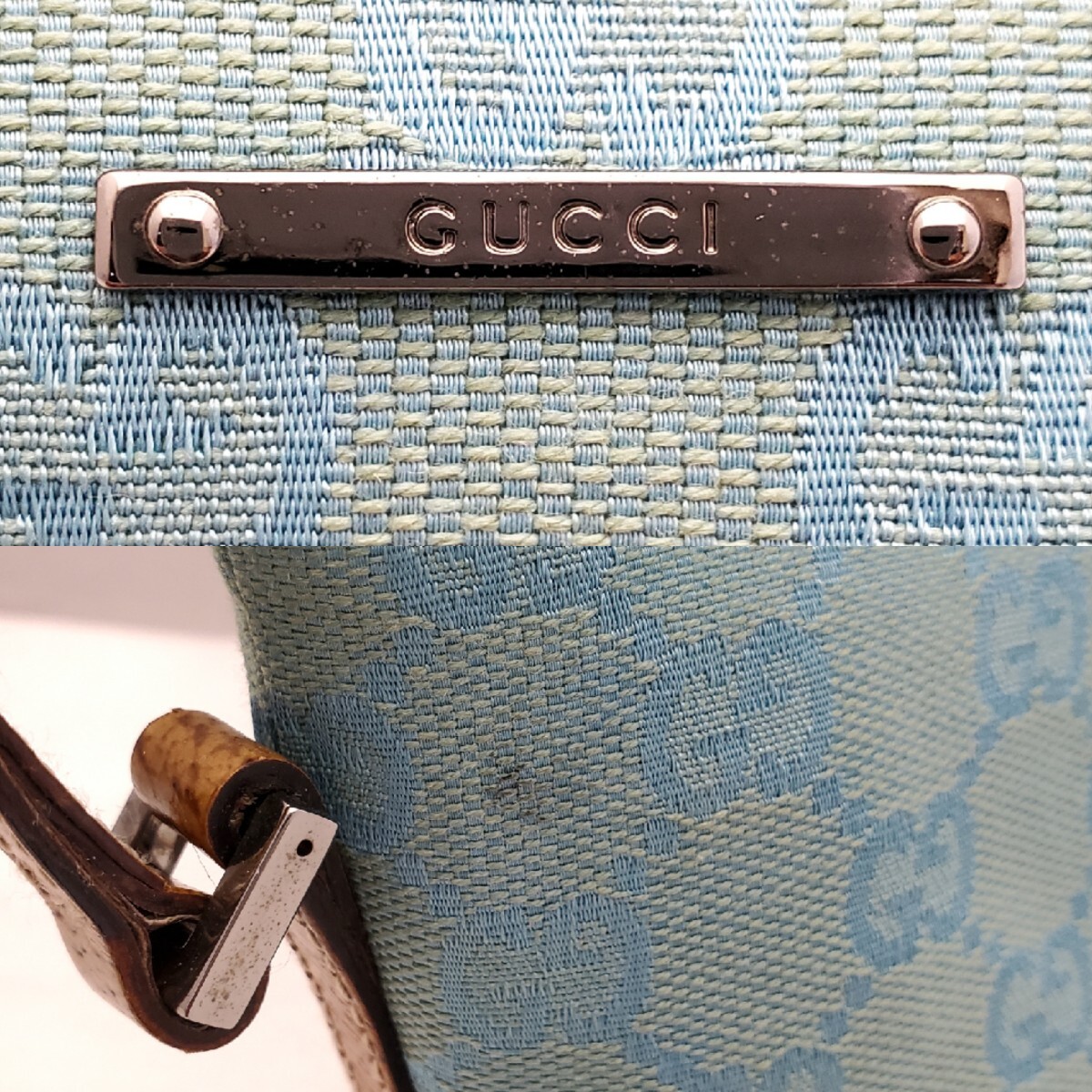 良品 グッチ GUCCI アクセサリーポーチ ハンドバッグ GGキャンバス 07198 ミニバッグ ターコイズブルー_画像7