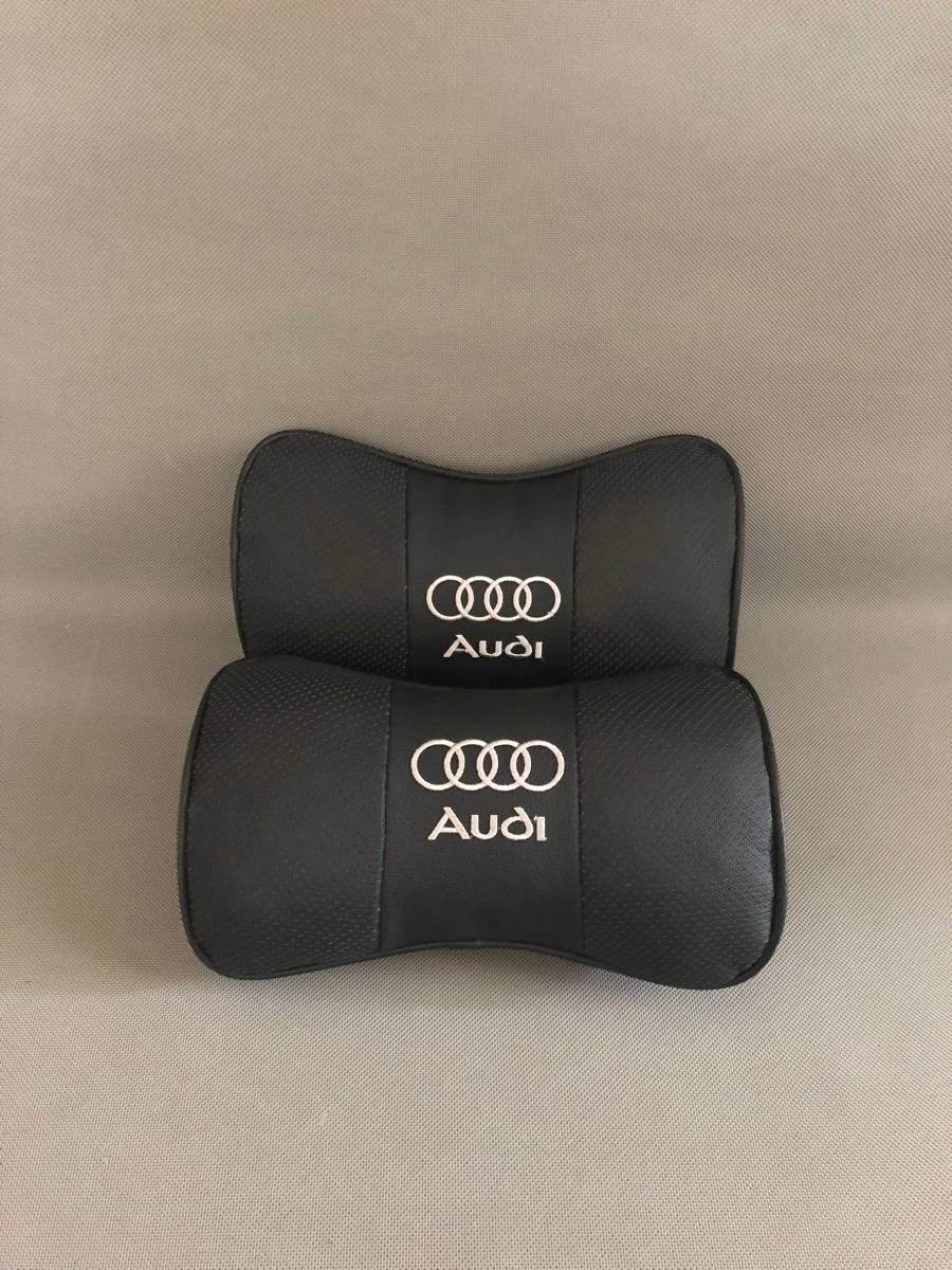 新品 Audi アウディ ネックパッド ヘッドレスト 首枕 車載 2個セット 本革レザー ブラック カーアクセサリ 刺繍_画像1