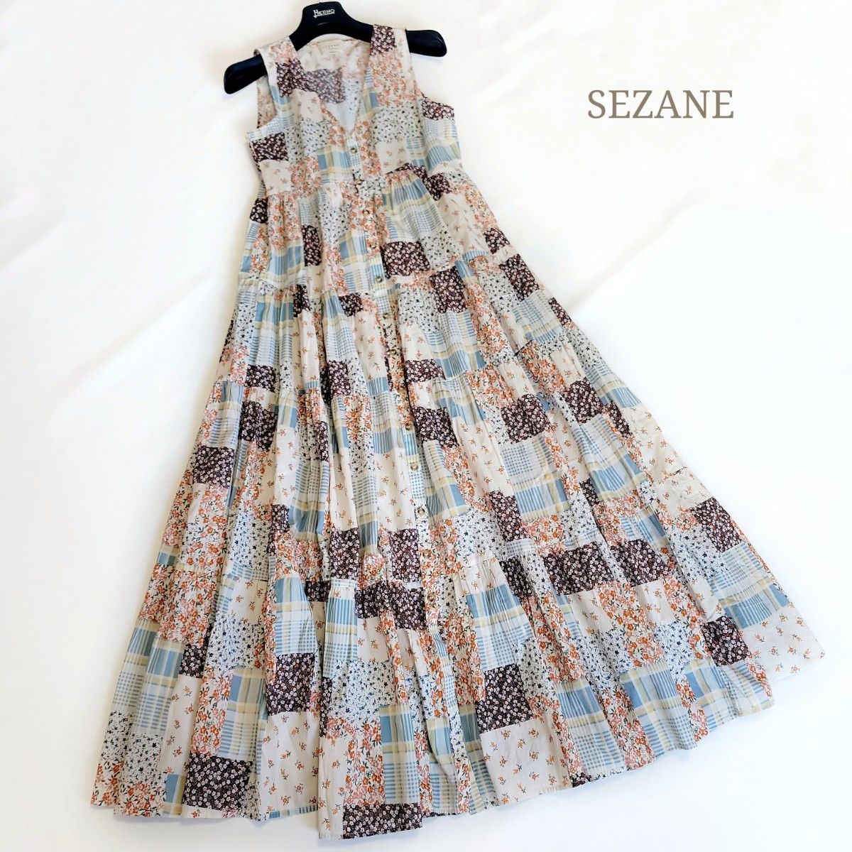 SEZANE パッチワークワンピース ノースリーブ フランス製 花柄 ティアード セザンヌ ロングワンピース シャツワンピース