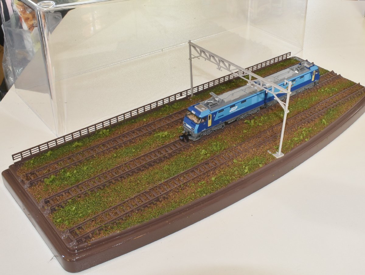 【SAZAN】鉄道ジオラマ展示台ケース付き 3線路と3線架線柱(2両編成対応)※33x12cm★JT1_画像2
