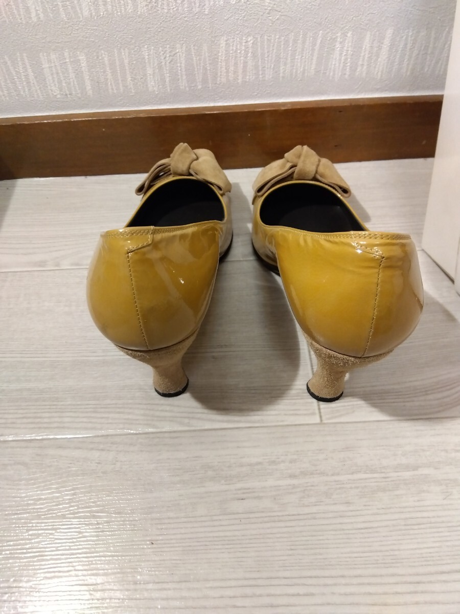 【F130】 GINZA kanematsu 銀座 かねまつ パンプス .イエロー系 23cm ヒール 約8cm リボン 日本製 レディース 靴 ギンザ カネマツの画像3
