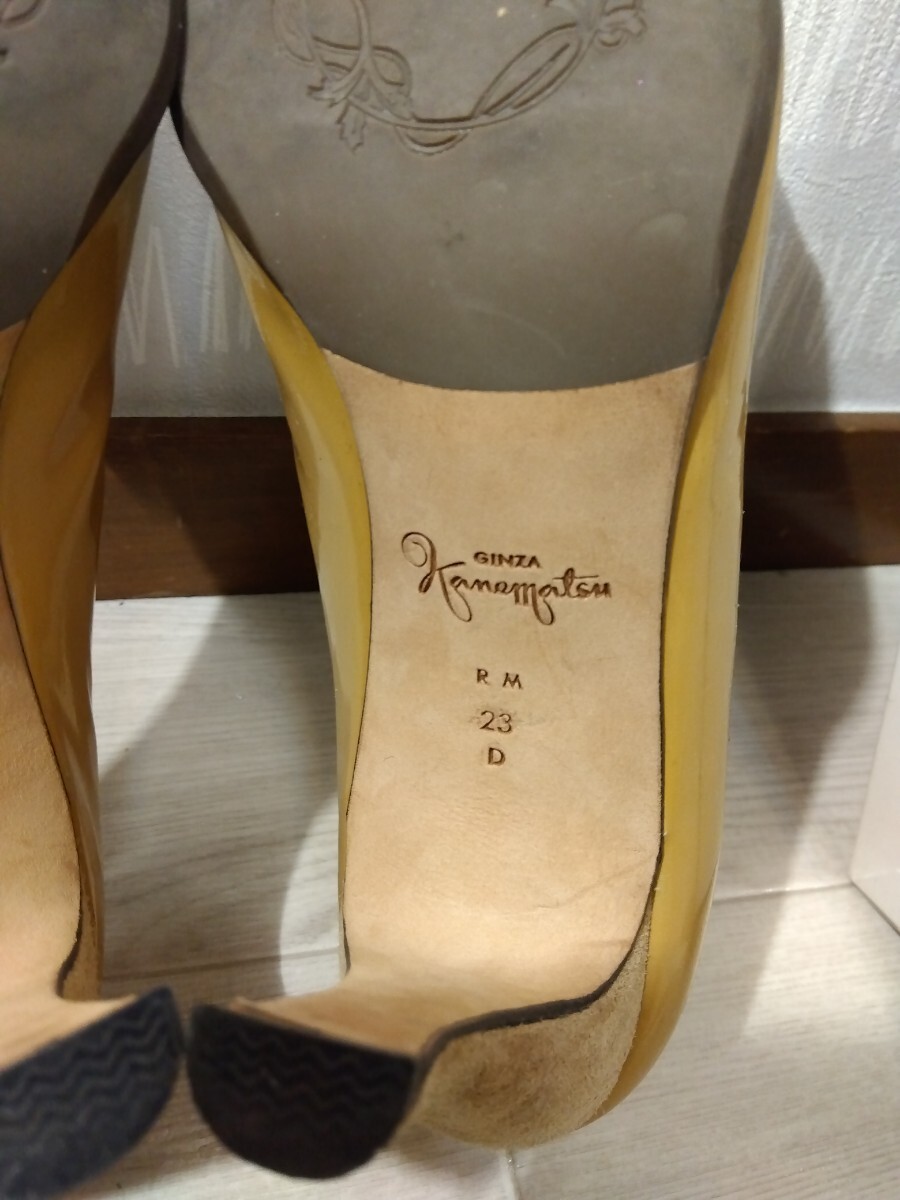 【F130】 GINZA kanematsu 銀座 かねまつ パンプス .イエロー系 23cm ヒール 約8cm リボン 日本製 レディース 靴 ギンザ カネマツの画像5