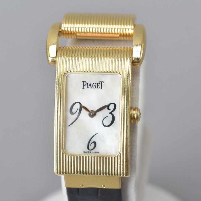 1円 美品 PIAGET ピアジェ ミスプロトコール 腕時計 稼働品 YG 750 5321 純正革ベルト 2本 シェル文字盤 ゴールド 白 黒 クロコ Mbb.kの画像2