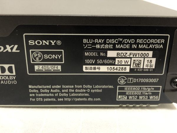 【動作OK】SONY BDZ-FW1000 ブルーレイレコーダー 純正リモコン HDMIケーブル B-CASカード 31 1_画像9