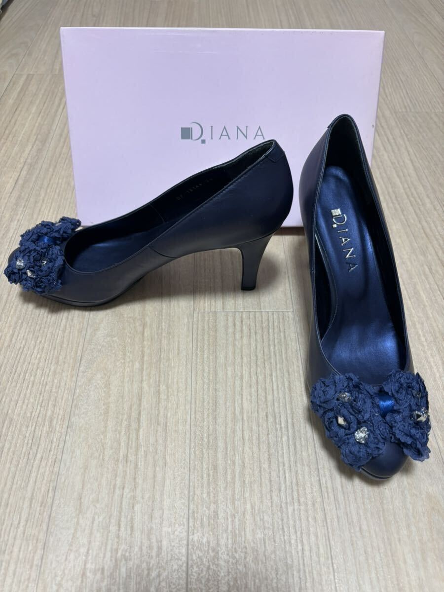 未使用 DIANA ダイアナ パンプス ヒール レディース 靴 シューズ 24.5cm 青 ブルー 花 