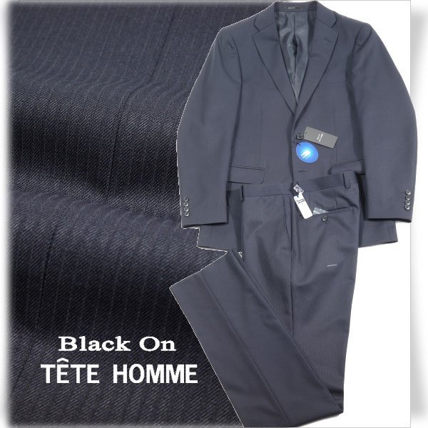 新品1円～★定価4.9万 Black On TETE HOMME テットオム ウール毛 シングル二つボタンスーツ 94A6 ノータック ストライプ 紺 ◆5977◆_画像1