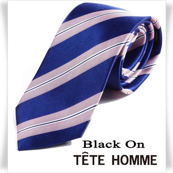 新品1円～★Black On TETE HOMME テットオム シルク絹100％ ネクタイ ストライプ ネイビー 正規店本物◆6240◆_画像1