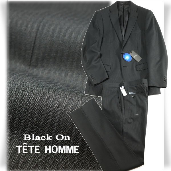 新品1円～★定価4.9万 Black On TETE HOMME テットオム ウール毛 シングル二つボタンスーツ 94A6 ノータック ストライプ 黒 ◆6343◆_画像1