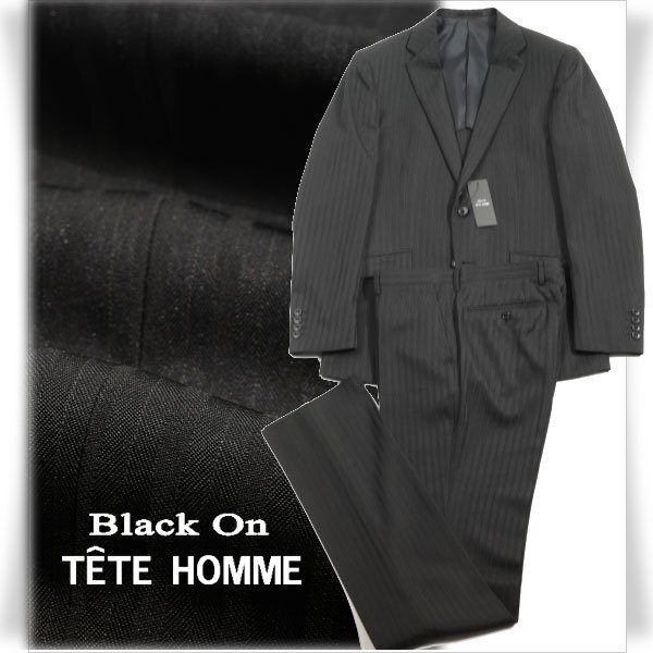 新品1円～★定価4.2万 Black On TETE HOMME テットオム シャドーストライプスーツ 94A6 ノータック ストレッチ 黒 ブラック ◆6534◆_画像1