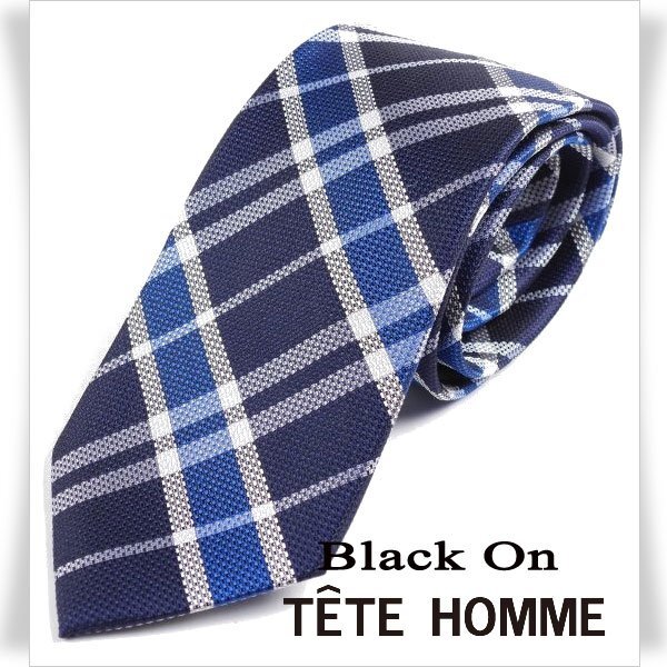 新品1円～★Black On TETE HOMME テットオム シルク絹100％ ネクタイ チェック ネイビー 正規店本物◆7301◆_画像1