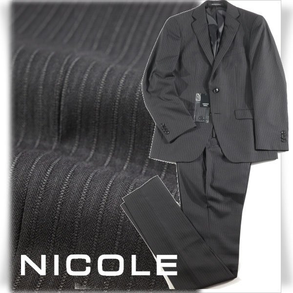 新品1円～★ニコル セレクション NICOLE selection ウール毛 ストライプ シングルスーツ 44 S 黒 ノータック 春秋冬スリーシーズン◆7316◆_画像1