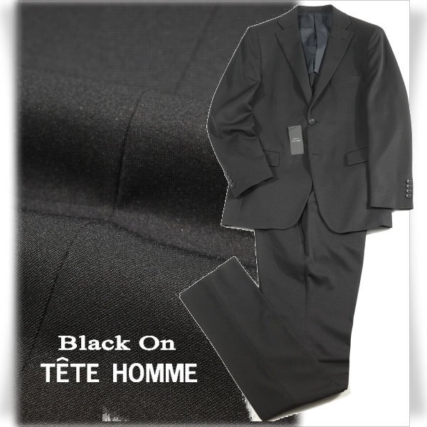 新品1円～★定価4.2万 Black On TETE HOMME テットオム シングル二つボタンスーツ 94A6 ノータック ストレッチ 黒 ブラック ◆7319◆_画像1