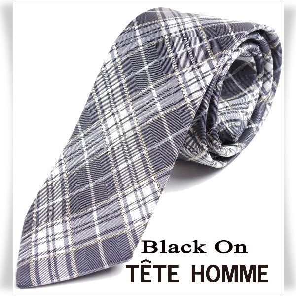 新品1円～★Black On TETE HOMME テットオム シルク絹100％ ネクタイ チェック グレー 正規店本物◆7302◆_画像1