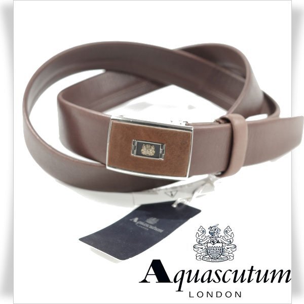 新品1円～★Aquascutum アクアスキュータム メンズ 日本製 牛革レザーベルト フリーサイズ ビジネスベルト 茶 バックル ブラウン ◆7360◆_画像1