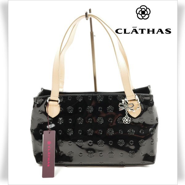 新品1円～★定価1.7万 クレイサス CLATHAS 日本製 パールエナメル カメリア モノグラム 横型トートバッグ レザー ベティー 黒 本物◆7519◆の画像1