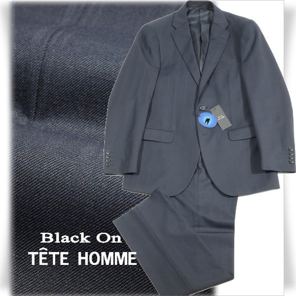 新品1円～★定価4.9万 Black On TETE HOMME テットオム ウール毛 シングル二つボタンスーツ 94A6 ノータック チェック 紺 ◆7886◆の画像1