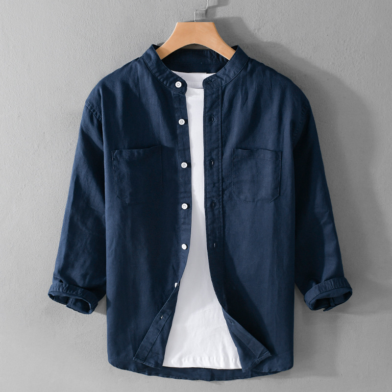 初売り リネンシャツ メンズ 七分袖シャツ 無地 立ち襟 綿麻 半袖Ｔシャツ 薄手 サマー ワイシャツ　 グレー　M~5XL_画像5