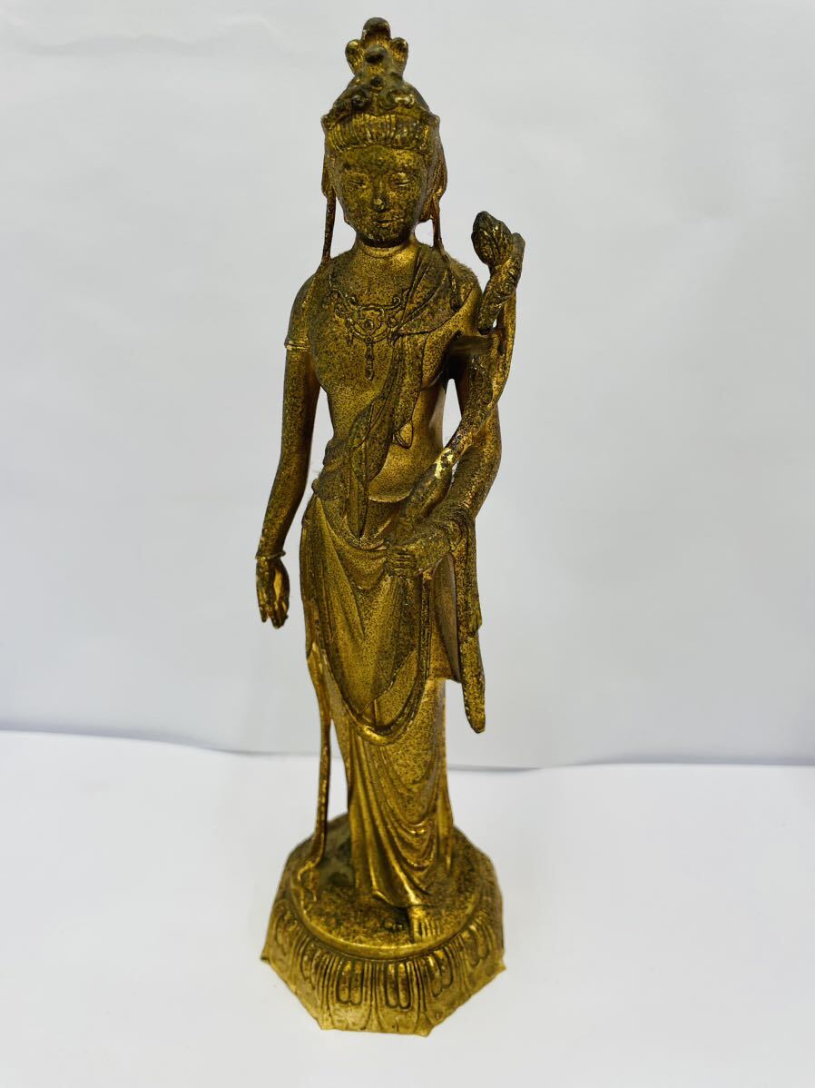 仏像 置物 仏教美術 骨董品 観音像 銅製 秀雲作　約19.5cm×6cm×6cm_画像1