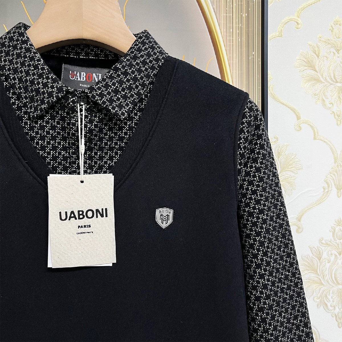 高級EU製＆定価5万◆UABONI*Paris*長袖ポロシャツ*ユアボニ*パリ発◆上質 暖かい 裏起毛 ソフト 切替 レトロ 定番 通勤 ビジネス L/48_画像8