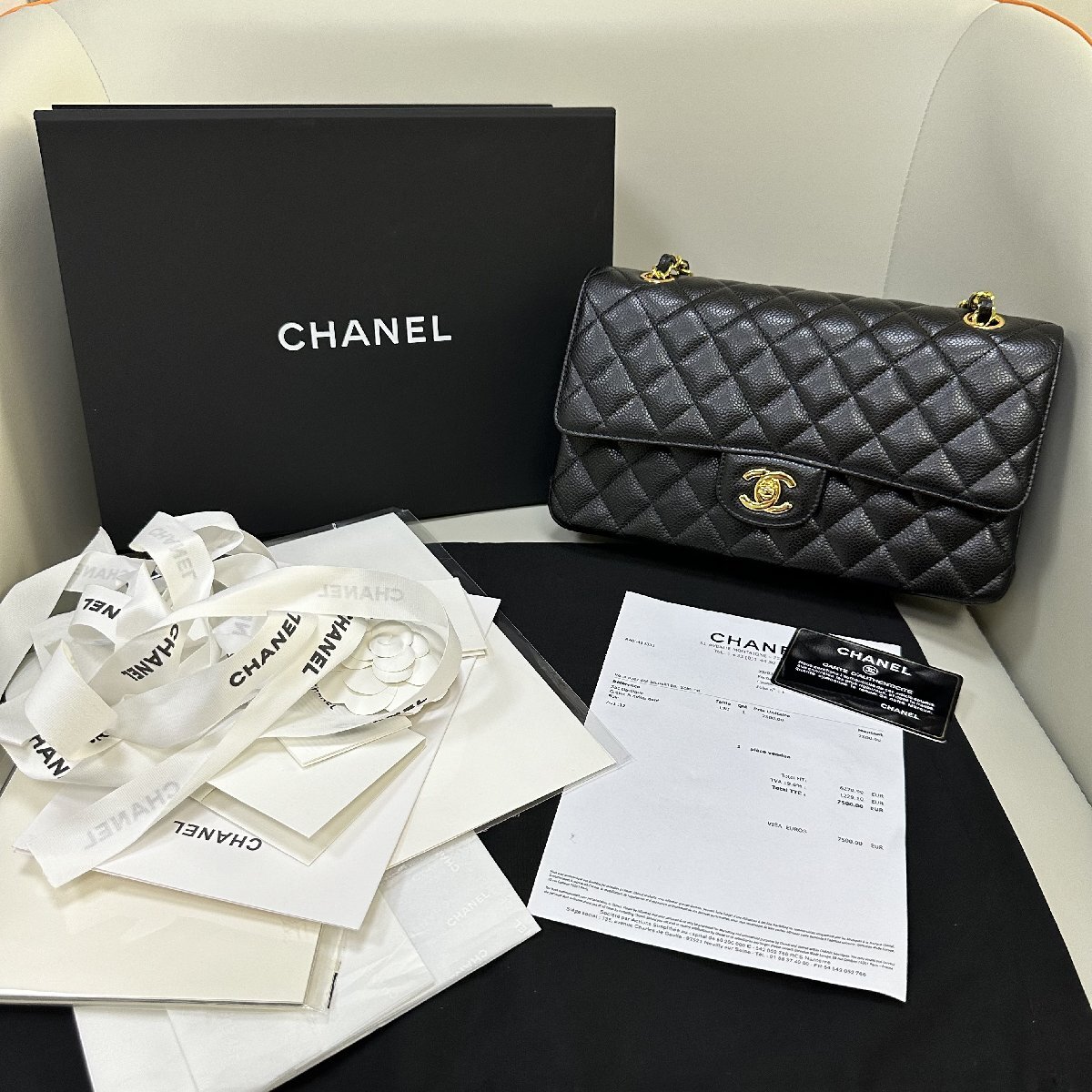 新品未使用★CHANEL シャネル★A01112 キャビアスキン ダブルフラップマトラッセ ハンド チェーンショルダーバッグ 限定 レディースの画像2