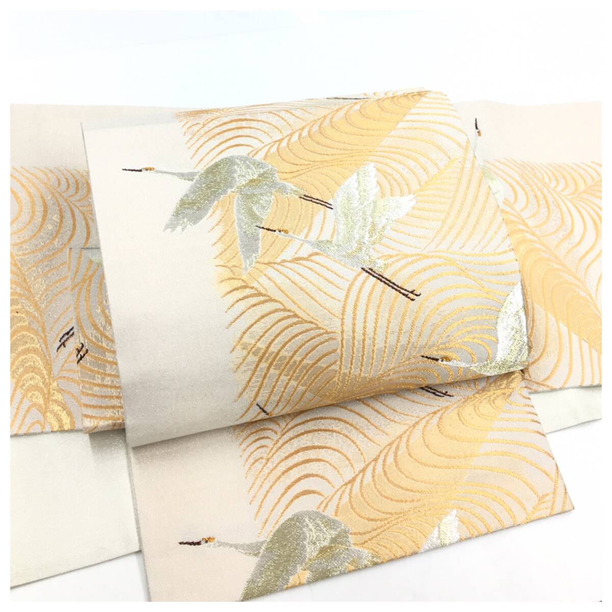 美品 上質 正絹 袋帯 二部式 クリーム 鶴模様 薄手 二重太鼓 作り帯の画像1