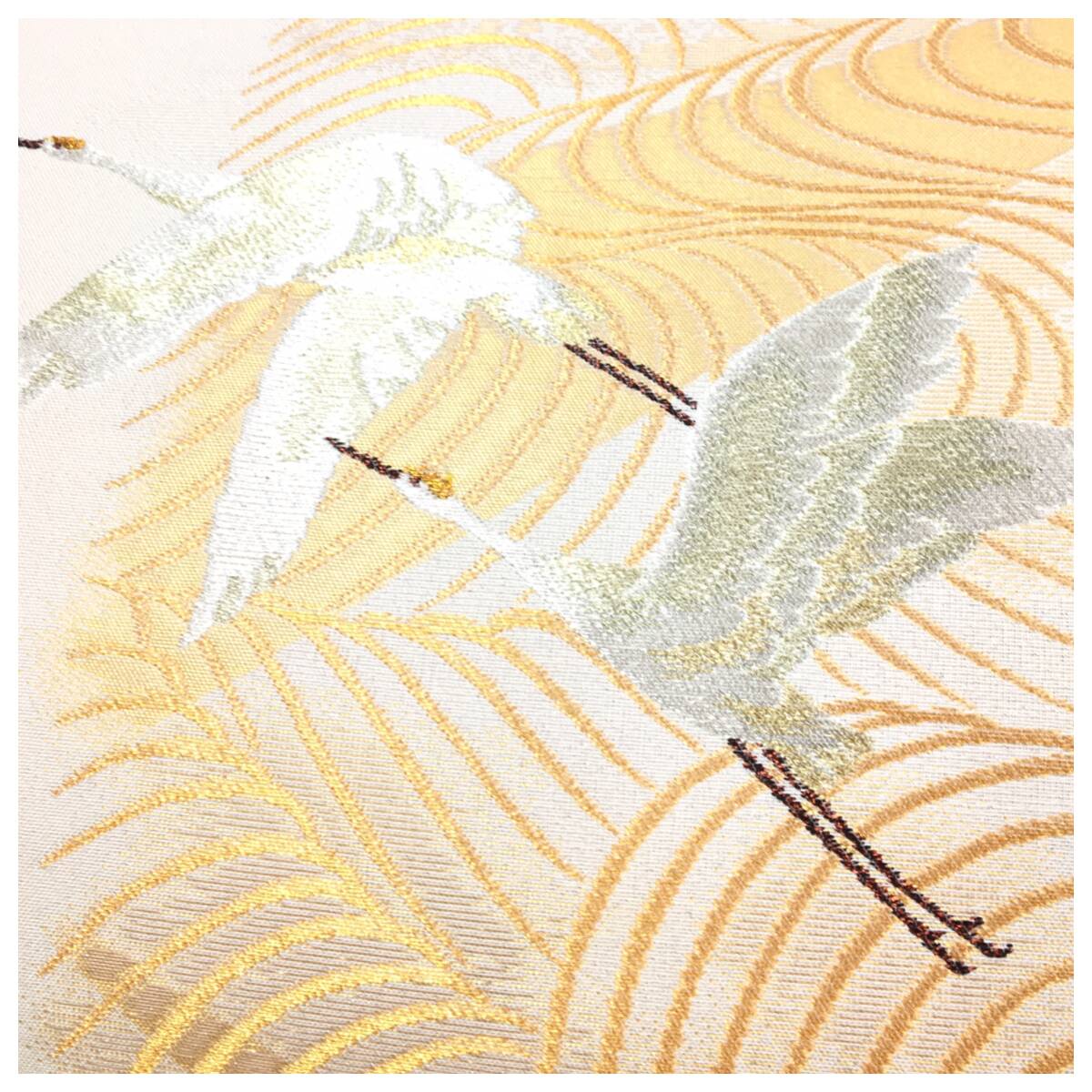 美品 上質 正絹 袋帯 二部式 クリーム 鶴模様 薄手 二重太鼓 作り帯の画像6