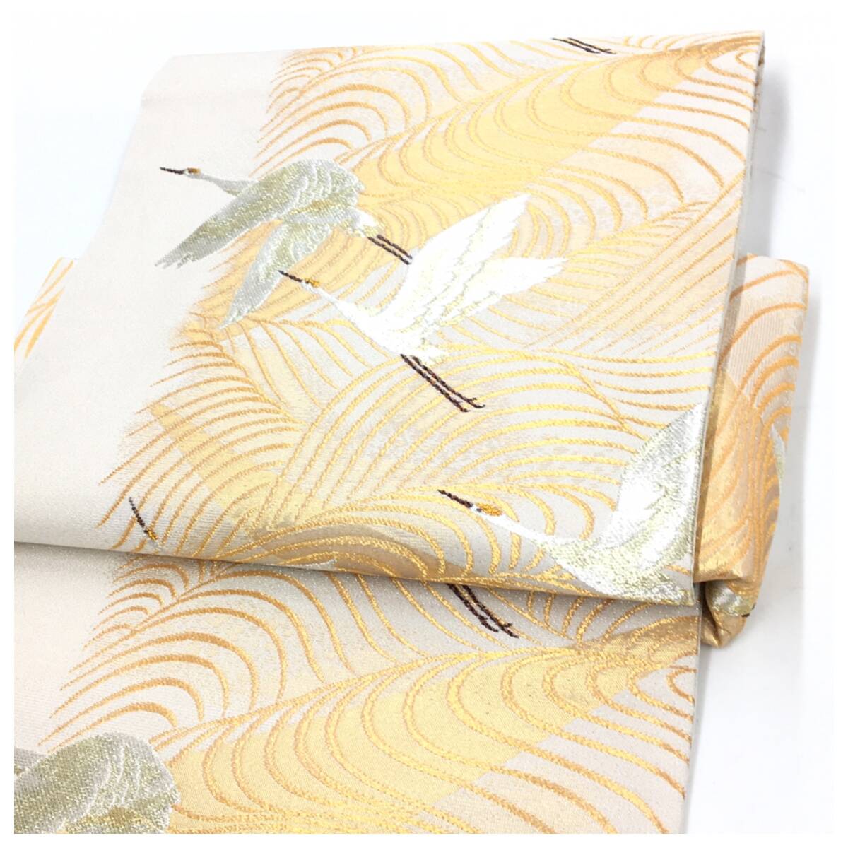美品 上質 正絹 袋帯 二部式 クリーム 鶴模様 薄手 二重太鼓 作り帯の画像4