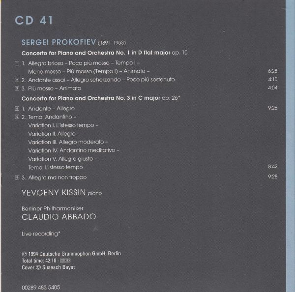 [CD/Dg]プロコフィエフ:ピアノ協奏曲第1&3番/Y.キーシン(p)&C.アバド&ベルリン・フィルハーモニー管弦楽団_画像2