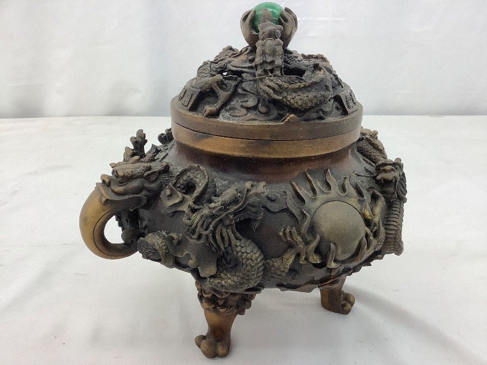 中国美術 唐物 翡翠摘 銅製盛上龍紋香炉 香道具 古美術品 銅器 中古品 ACB_画像2