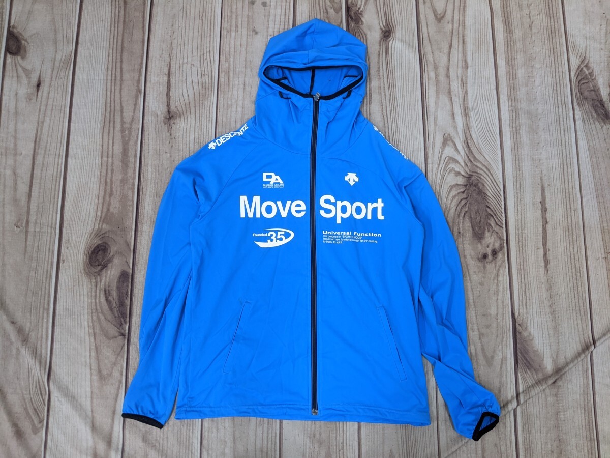 13．DESCENTE デサント MOVE SPORTS 速乾 ロゴデザイン パーカー ブルゾンジャケット　メンズO　青色系黒 トレーニングウェアx504_画像1