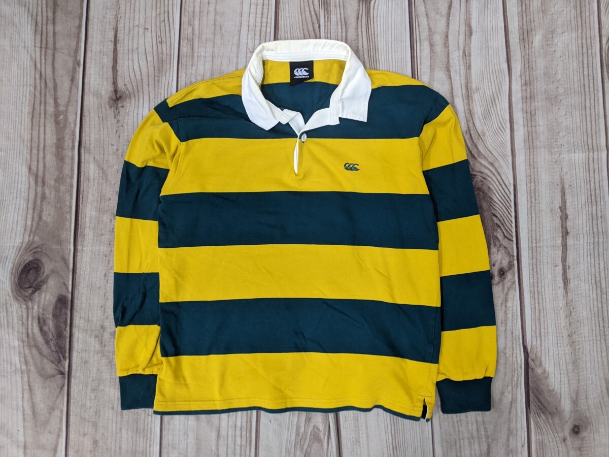 16．CANTERBURY カンタベリー 4INCH STRIPE RUGBY JERSEY RA48561 ボーダー ラガーシャツ メンズS　黄色緑白x607_画像1