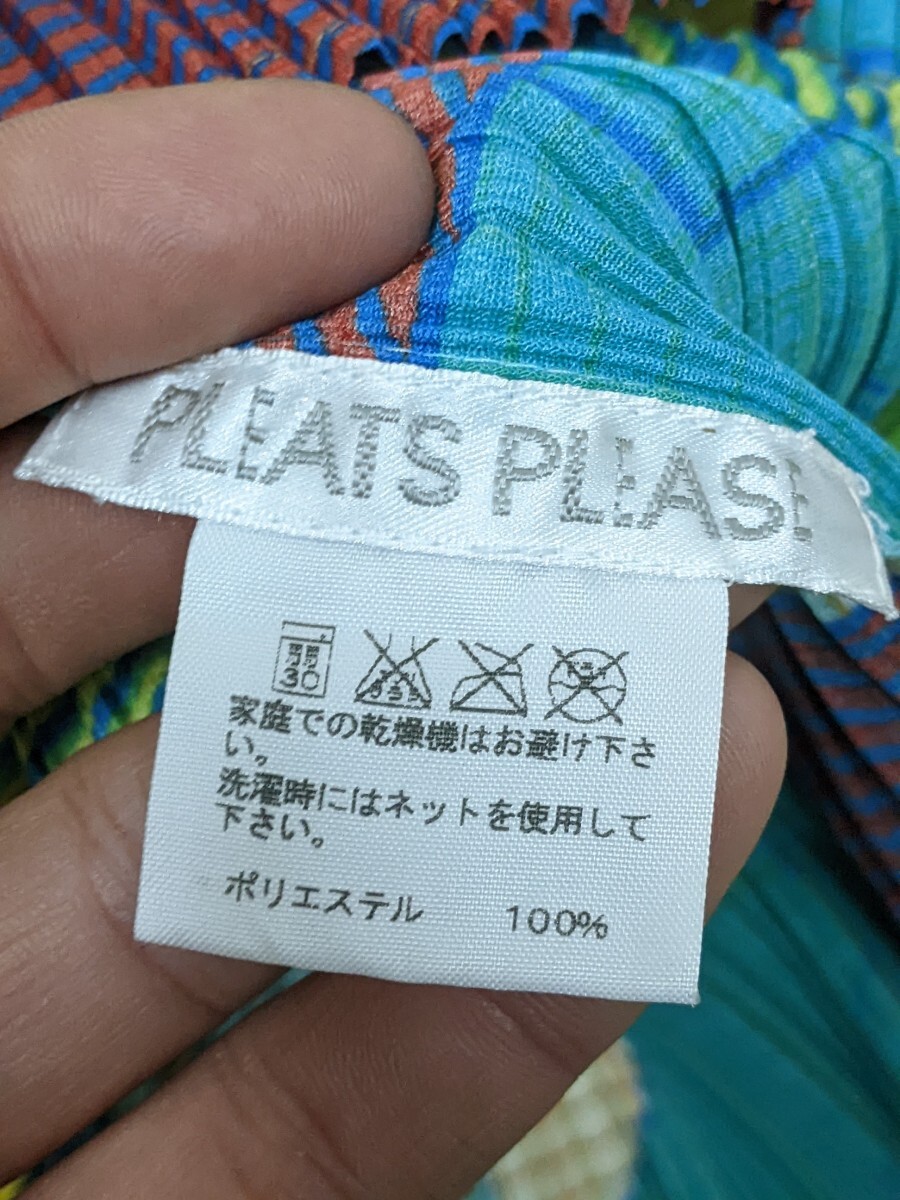 14．イッセイミヤケ PLEATS PLEASE カラフルデザイン 総柄 プリーツシャツ ブラウス レディース3 オフホワイト系赤系黄色系青緑系x307_画像5