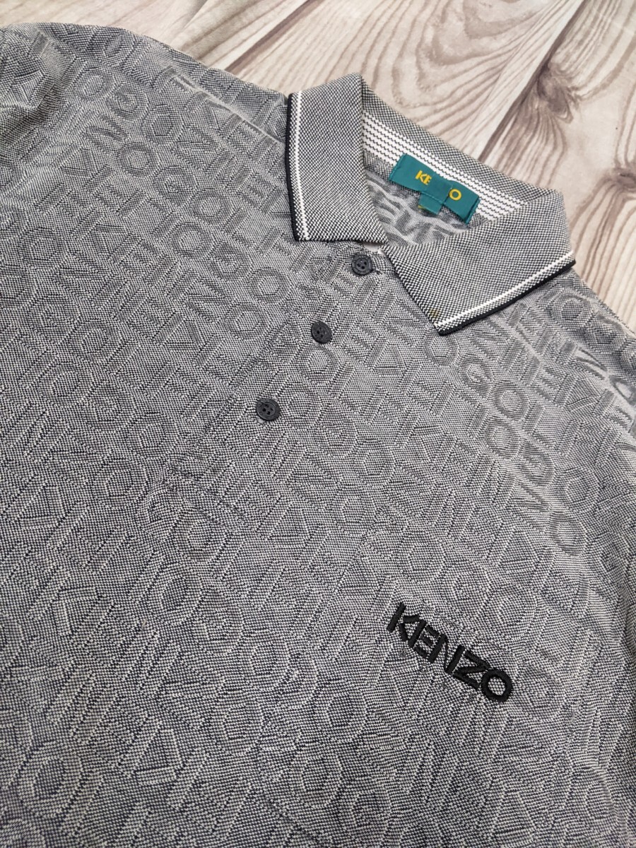 18．90s KENZO GOLF ケンゾー 小杉産業 総柄 モノグラムロゴ 長袖ポロシャツ メンズ3　グレー白x408_画像3